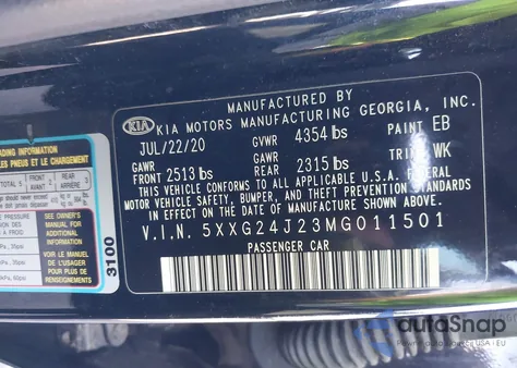 2021 Kia K5 Lx z USA, uszkodzony, nr VIN 5XXG24J23MG011501